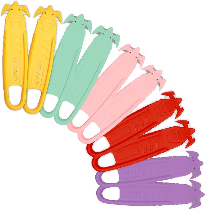 T TOVIA Safety Box Cutter Knife of Recessed Concealed Stainless Steel Blade, 10-Pack Package Opener Plastic Cutter for Box, Carton, Shrink Wrap, Plastic Straps, 5 Color