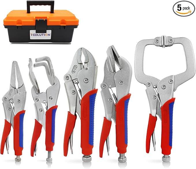 Locking Pliers Set 5-Pack, Professional Welding Clamp Set Includes C-Clamp, Curved, Duckbill, Needle Nose & U-Shape Vise Grips for Metalworking, Woodworking, Automotive & DIY Workshop