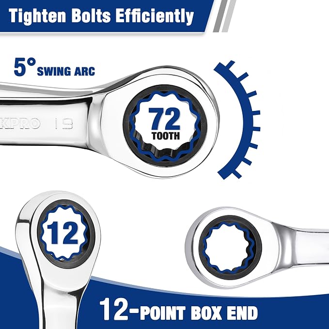 WORKPRO 12PCS Stubby Combination Ratcheting Wrench Set, Metric 8-19mm | with Storage Box, 72-Teeth, Cr-V Steel, HRC 50 Hardness, For Home Project, Auto Repair, Plumbing, Construction, Machinery