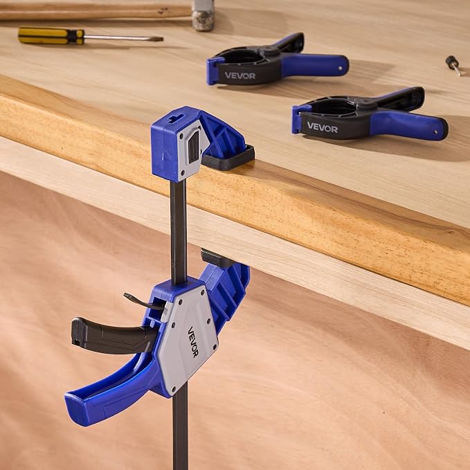 VEVOR Bar Clamps for Woodworking, 2-Pack 24 inch One-Handed Clamp/Spreader, Quick-Grip F-Clamp with 340 lbs Load Limit, Premium Plastic and Carbon Steel, for Woodworking Metal working, Blue + Black