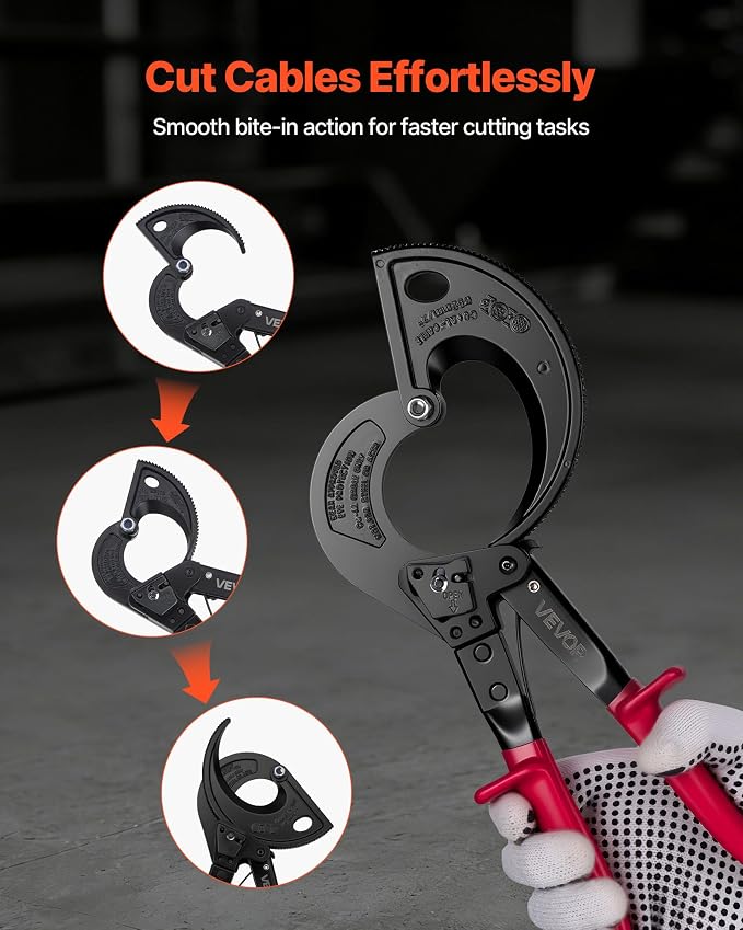 VEVOR Ratcheting Cable Cutter, Spring Steel Blades with Insulated Handles, Quick-Release Button, Heavy Duty Ratchet Cable Wire Cutter for Cutting Copper & Aluminum Cables Up to 800 MCM / 400 mm²