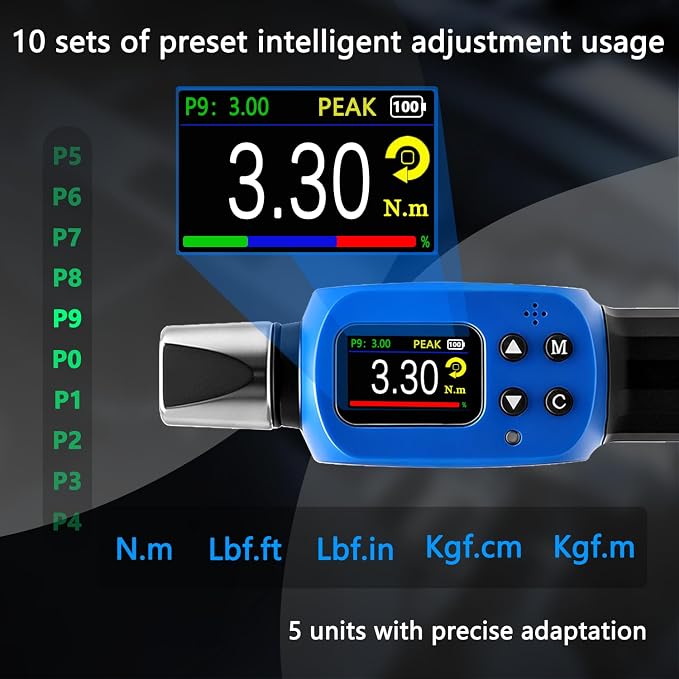 Adjustable Digital Torque Wrench, Hvac Torque Wrench 2.2-44.2Ft-lbs/3-60Nm | With 38 mm Adjustable Jaw, 3/8 Drive Ratchet, ±1% Accuracy, Color TFT Screen, Vibration, Buzzer and LED Indicator
