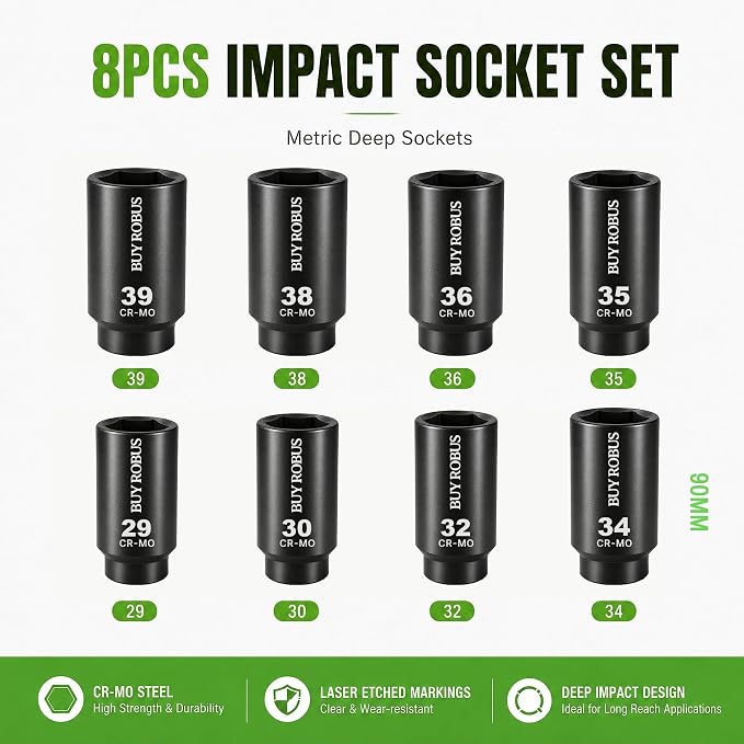 8PCS 1/2" Deep Axle Nut Impact Socket Set, CR-MO, 6 Point Design, Metric, 29,30,32,34,35,36,38,39mm, 1/2 Inch Extra Deep Impact Socket