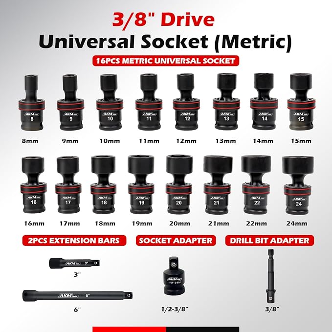 3/8" Drive Universal Impact Socket Set, 20 Piece Swivel Socket Set, Universal Joint Socket 6-Point, Metric, 8-24mm, Cr-Mo,with Extension Bars, Socket Adapter, Drill Bit Adapter