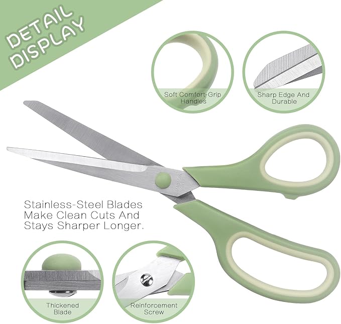 LONGKEY 8.5 Inch Scissors, All-Purpose, Soft Comfort-Grip, Ambidextrous, Pastel Green, Pink, Blue, 3 Count