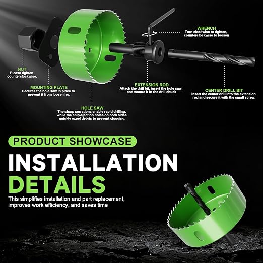 9 Piece Hole Saw Set - High Carbon Steel 25-54mm (1" to 2-1/8") Blades for Drywall, Softwood, Plastic, and PVC; Professional Grade with Instant Support