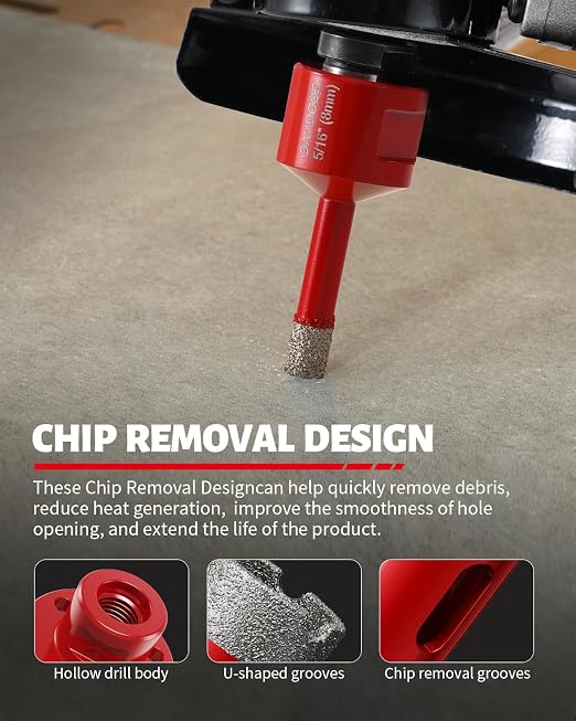 DAYDOOR Diamond Hole Saw Kit, 8-Piece Tile Hole Saw Kit 1/4" 5/16" 3/8" 1/2" 4/5" 1-3/8", Vacuum Brazed Core Drill Bits for Porcelain Tile, Granite, Marble, Stone(Red)