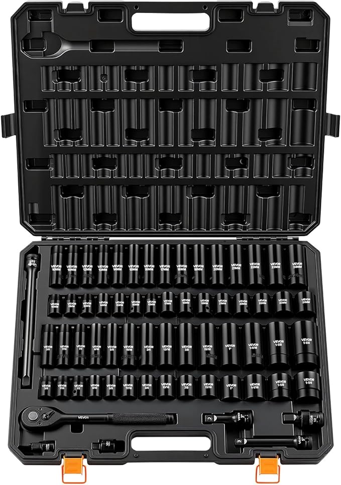 VEVOR 65-Piece 1/2" Drive Impact Socket Set, SAE (3/8" to 1-1/4") & Metric (10 to 24 mm), CR-V, Deep & Shallow, 6 Point, Ratchet Handle, Universal Joint, Adapters, Extension Bars (3, 5, 10 in)