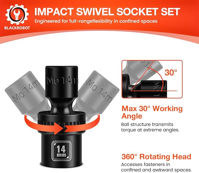 BLACKROBOT 3/8" Drive Shallow Universal Impact Socket Set, 12PCS 6 Point Metric Swivel Socket set(10-22mm), CR-MO Steel, Includes Storage Rail