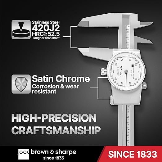 Brown & Sharpe 8-Inch Dial Caliper – Precision Stainless Steel Measuring Tool, White Dial, 0.001" Resolution, Hardened Construction, Shockproof Movement.