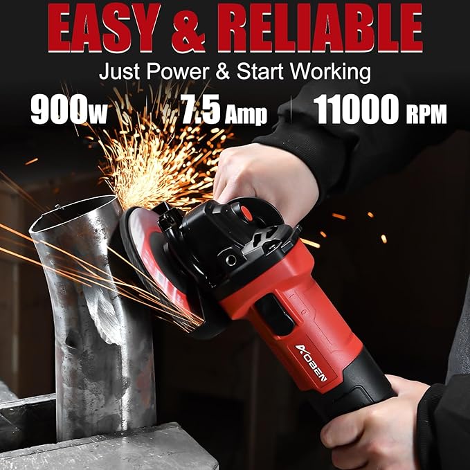 AOBEN 900W Angle Grinder 4-1/2 inch | 7.5Amp, 11000 RPM Corded Electric Grinder Tool, with Slide Switch, Safety Guard & Hand | for DIY Projects, Metal Cutting & Grinding