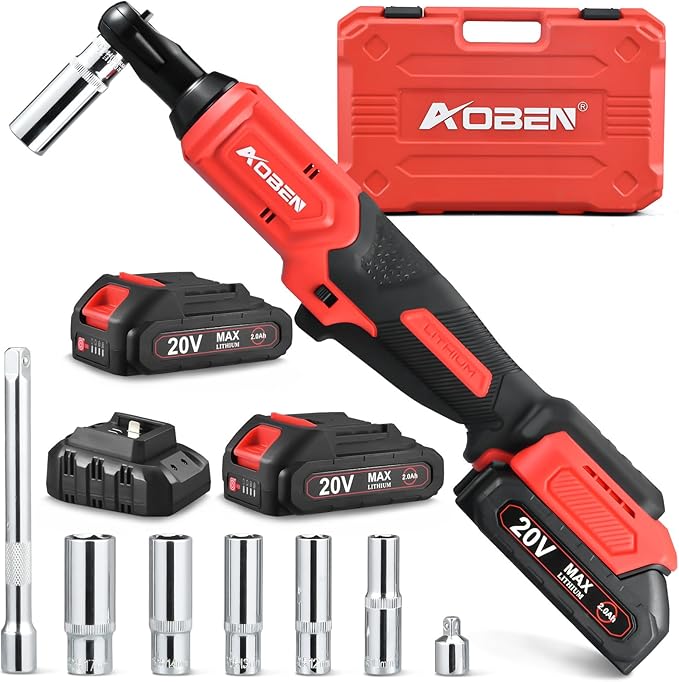 AOBEN 20V 3/8" Cordless Ratchet Wrench Kit, 60 Ft-lbs Brushless Electric Power Ratchet with Variable Speed, 2X2000mAh Lithium-Ion Battery, Charger, 8 Sockets, 1/4" Adaptors, 6" Extension Bar