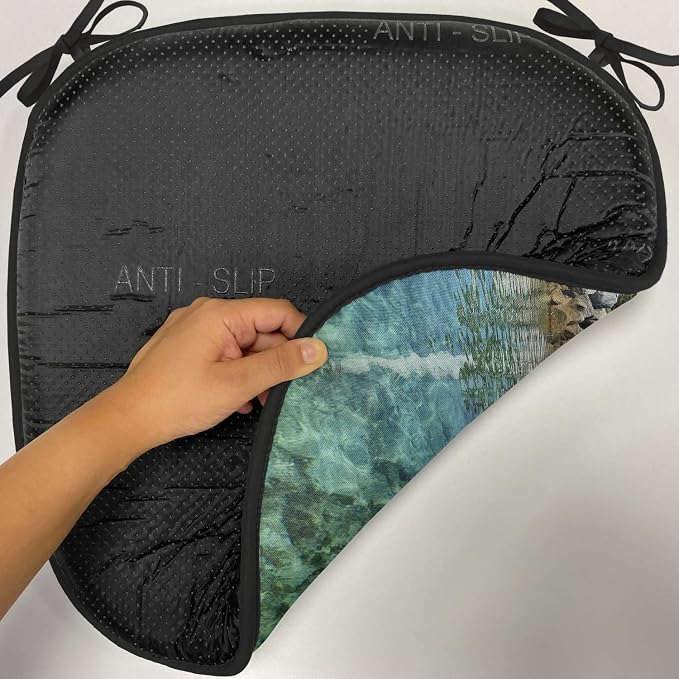 Lunarable Lighthouse Chair Cushion Pad, Lighthouse Clear Water Palm Trees Summer Sky Rocky Shoreline Seascape, Seat Padding for Kitchen & Patio with Anti-Slip Backing, 16"x16", Teal Blue Grey