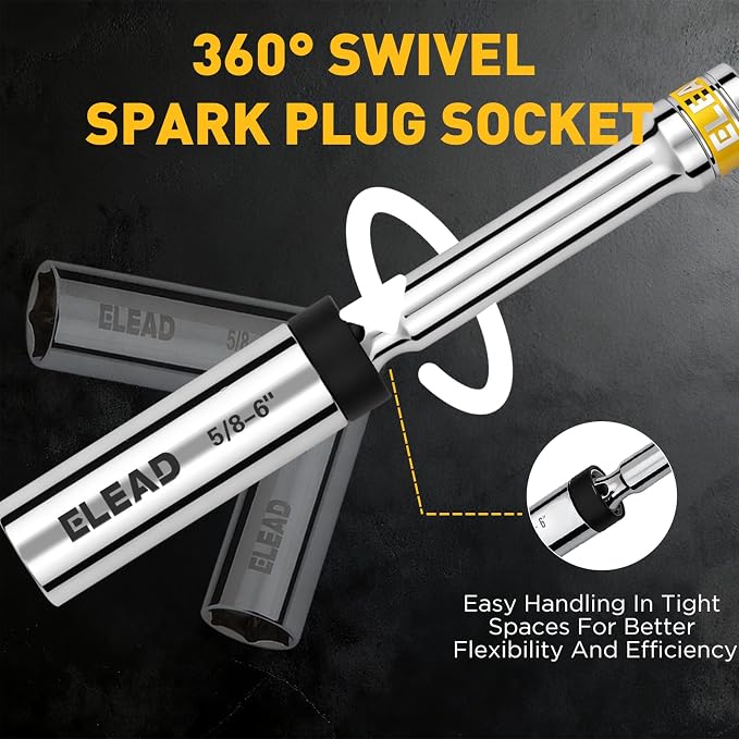5/8" Swivel Magnetic Spark Plug Socket, 3/8" Drive x 6" Total Length, Thin Wall Spark Plug Removal Tool, 360 Degree Swivel, Enhanced Magnetic, 6-Point Design, Cr-V Steel