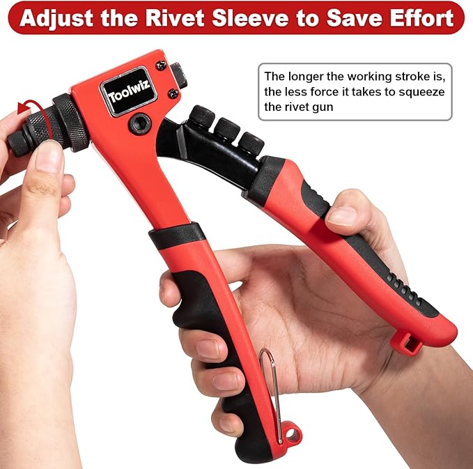 Toolwiz Rivet Gun One-Handed Rivet Gun Kit with 200pcs Rivets, 4pcs Tool-Free Interchangeable Heads and 4pcs Drill Bits - Heavy Duty Hand Riveter for Metal, Wood, Plastic, Leather, Fabric