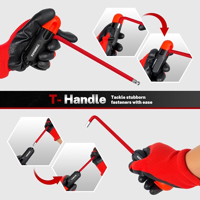 TOMMARS Allen Wrench Sets, SAE, Metric & Torx, Magnetic Ball End T-Handle | Magnetic Ball End, S2 Steel, T-Handle, SAE(1/16"-3/8"), Metric(1.5mm-10mm), TORX(T10-T50)