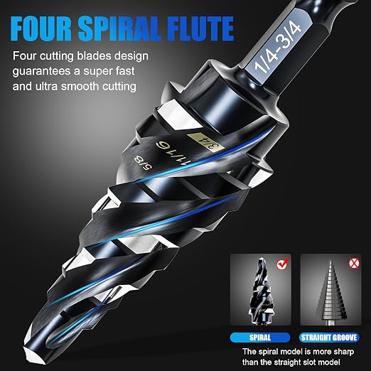 M35 Four Spiral Flute Step Drill Bit Set 1/4"-3/4" （9 Sizes）, 1/4" Hex Shank Unibit Step Drill bit, Impact Resistant M35 Cobalt Step Drill Bit, for Stainless Steel, Wood, Aluminum, Plastic