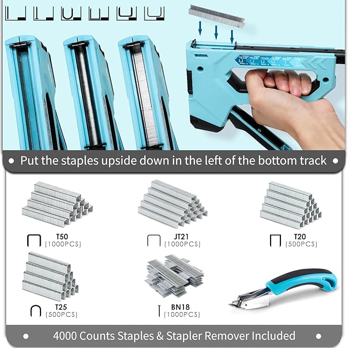 SHALL 6-in-1 Staple Gun Heavy Duty - Upholstery Stapler Nail Gun with 4000 Counts Staples, Manual Brad Nailer with Staple Remover for Wood, Crafts, Fabric, Cable, Wall, Decoration, Furniture