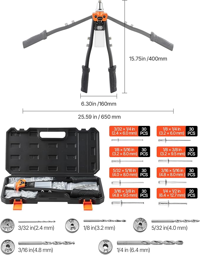 VEVOR Pop Rivet Gun Kit, with 230 Blind Rivets, Two-Handed Riveter with 5 Interchangeable Nosepieces, 5 Drill Bits, and a Carrying Case, Manual Riveting Tool for Metal, Automotive, Home, and DIY