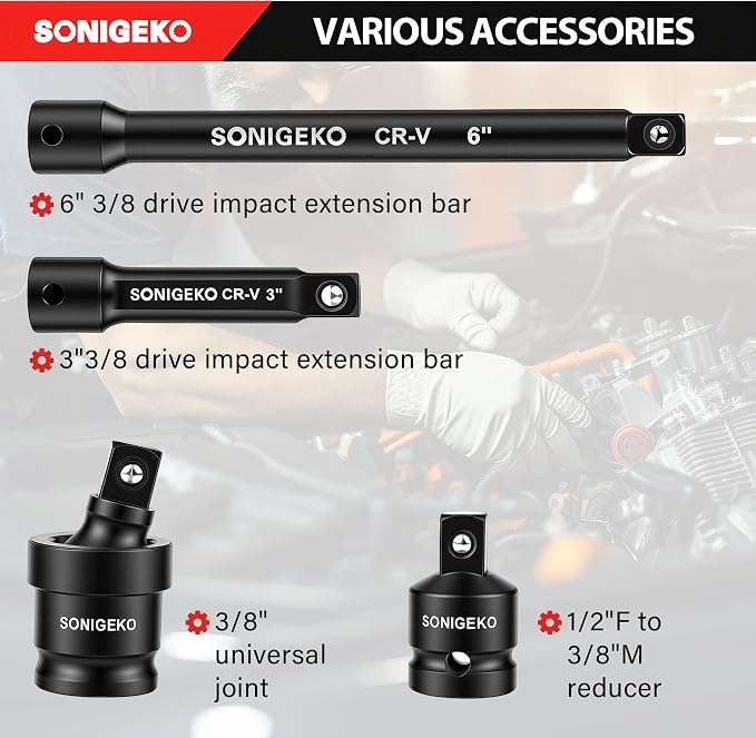 48-Piece 3/8" Drive Impact Socket Set CR-V Steel | SAE (5/16 to 3/4 inch) and Metric (8-22mm) Size, 3" and 6" Drive Extension Bar, Universal Joint, 3/8" to 1/2" Impact Adaptor
