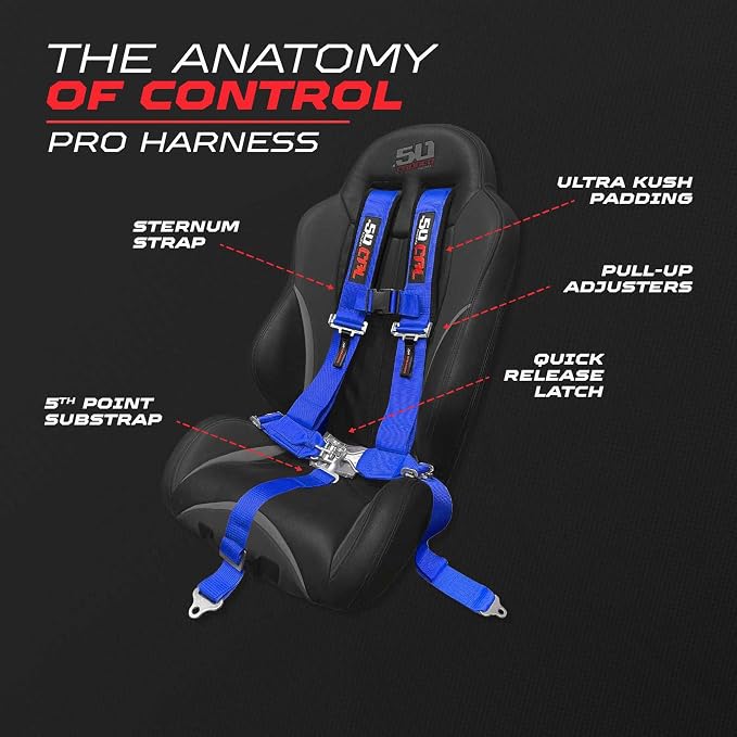 1pc 50 Cal Blue 5 Point Harness w/ 2" Straps, Racing Harness Seat Belt | Ultra Kush padding, Race latch quick release hardware. Universal Fit for UTV, RZR, race car. Part# 6009A6