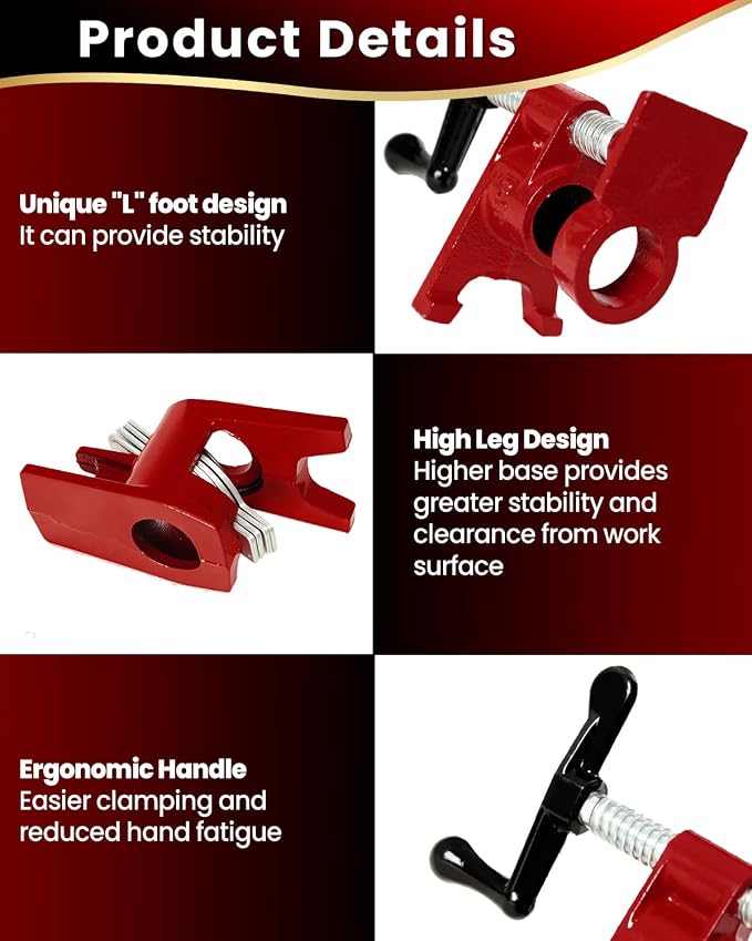 Pipe Clamps 3/4 inch 6 Pack Pipe Clamp with Unique Foot Ideal for Carpentry, Home Improvement, and DIY Projects Wood Gluing Clamps (Red, 3/4 IN)