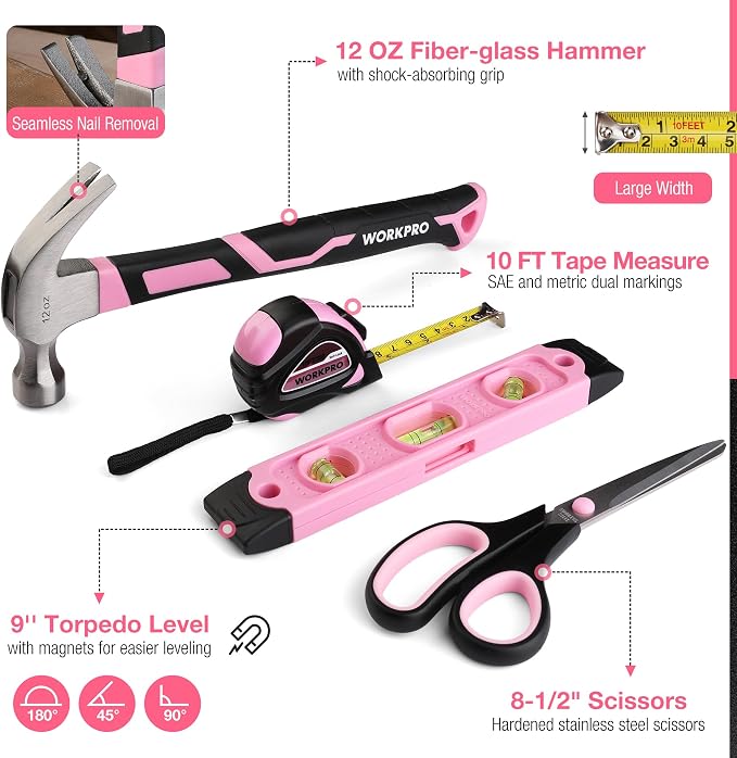 WORKPRO 277PCS Pink Tool Set, Portable Home Repairing Tool Kit for Women