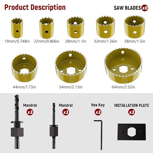 12-Piece Hole Saw Kit, Includes 8 Sizes (3/4" to 2-1/2"), Arbors, Drill Bits, and Hex Key, Ideal for Softwood, Plywood, and PVC（Yellow）