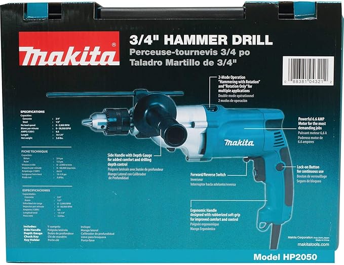 Makita HP2050-R 6.6 Amp 3/4 in. Hammer Drill with Case (Renewed)