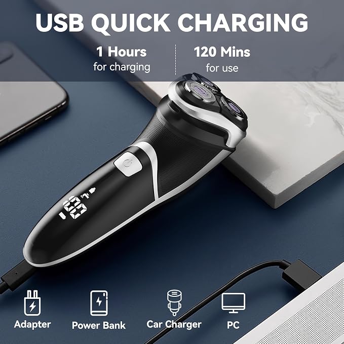 MAX-T Men's Electric Shaver - Corded and Cordless Rechargeable 3D Rotary Shaver Razor for Men with Pop-up Sideburn Trimmer Wet and Dry Painless 100-240V Black (Metal Black)