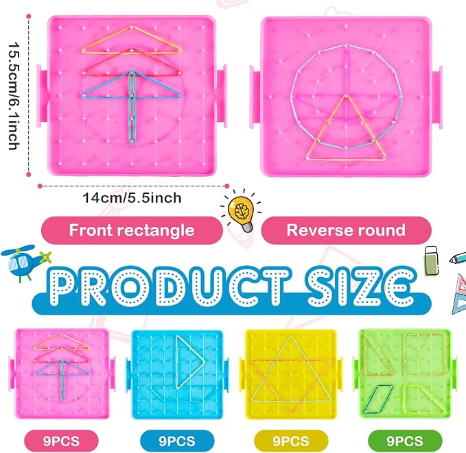 Deekin 36pcs Double Sided Geoboard Mathematical Kids Geoboards with Rubber Bands Math Manipulatives Toy for Geometry, 6.9 x 6.3 Inches Classroom Back to School
