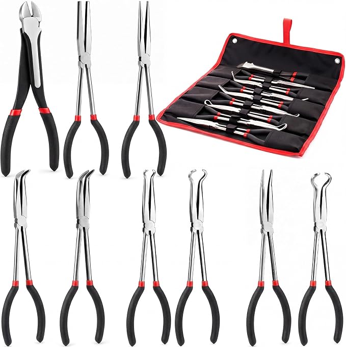 9 Piece 11 Inch Long Reach Pliers Set 45° 90° Bent, Circle, Diagonal Carbon Steel Needle Nose Pliers for Narrow Spaces and Limited Areas(Black)