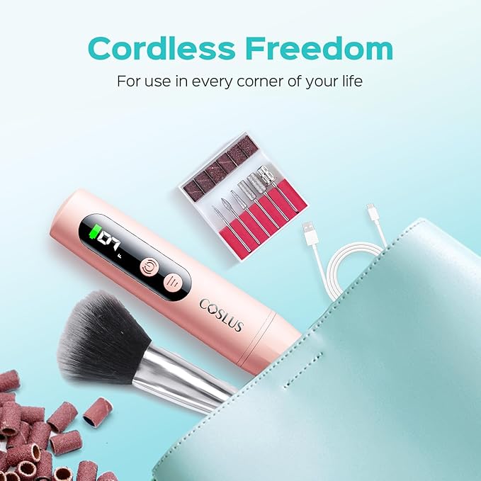 COSLUS C52 Electric Cordless Nail Drill: Professional Nail File kit with LED Screen for Acrylic Gel Powder. Portable for Home DIY & Salon Use. Manicure Pedicure for Beginners, Women, Travel, Red