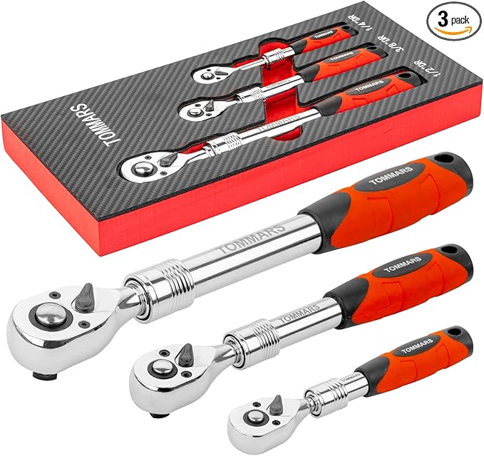 TOMMARS Extendable Ratchet Wrench Set, 1/4" 3/8" 1/2" Drive 72-Tooth Quick-release Retractable Socket Wrench Reversible Gift for Men Mechanic Hand Tools