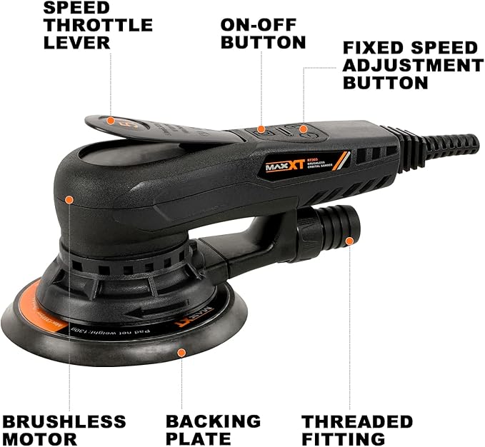 MAXXT Electric 5mm Random Orbital Sander, Palm Sander with Brushless Motor, 5/6Inch Sanding Pads, Central Vacuum, Sanders for Woodworking, Raw Wood and Panel Processing