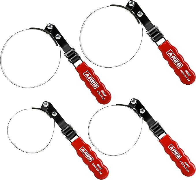 ARES 56065-4-Piece Swivel Oil Filter Wrench Set with Storage Pouch - Wrenches Cover 2 3/4-Inch to 5 1/4-Inch (70mm to 133mm) Diameter Filters - 180-Degree Swivel - Automatically Tightens on Filter