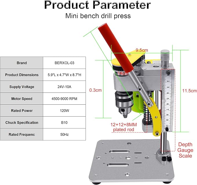 Mini Drill Press, Benchtop Portable Electric Drilling Machine, CNC 795 Motor, B10 Chuck, for Metal, Wood, Jewelry, DIY Crafts (yellow)