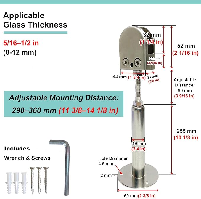 Fixed & Adjustable Glass Support Bar, Ceiling to Glass Screen Brace Arm