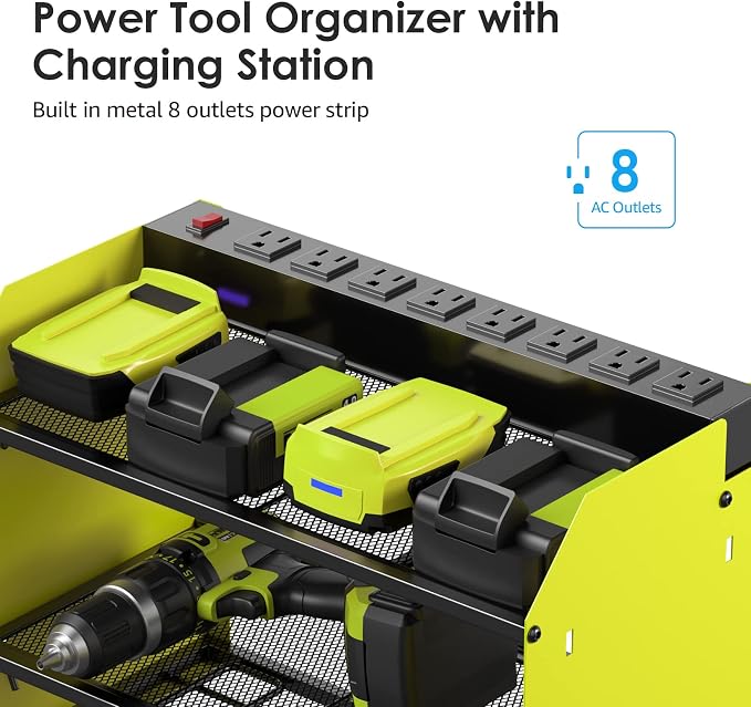 CCCEI Modular Power Tool Organizer Wall Mount with Charging Station. Garage Drill Storage Shelf with Hooks, Heavy Duty Rack, Tool Battery Holder Built in 8 Outlet. Gift for Men. Green, 2 Pack.