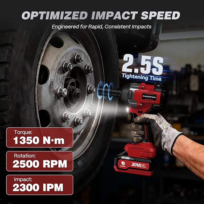 ARCCAPTAIN Cordless Impact Wrench, 1500N.m (1106Ft-lbs) 1/2" High Torque Impact Gun, 15C High-Rate 2x4.0Ah Batteries, 20V Power Impact Driver, Supports Up to 40mm Socket for Heavy Truck/Car/Pickup