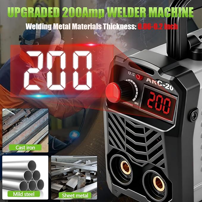 Hpoouo 200Amp 20PCS Rods Stick Welder, Super MINI Portable Welding Machine, IGBT Inverter Welder Machine 110V with Hot Start Arc Force Anti-Stick, for 1/16"-1/8" Rod ARC Welder, Chip Hammers (Gray)