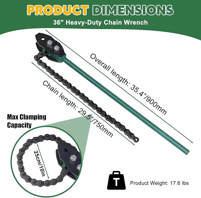 Chain Pipe Wrench 35", Fits 3/4"-4" Pipe Diameters, 29" Chain Length Max Breaking Load 18000LBs, Heavy Duty Chain Tongs for Pipe Installation, Oil Fields Operations and Maintenance