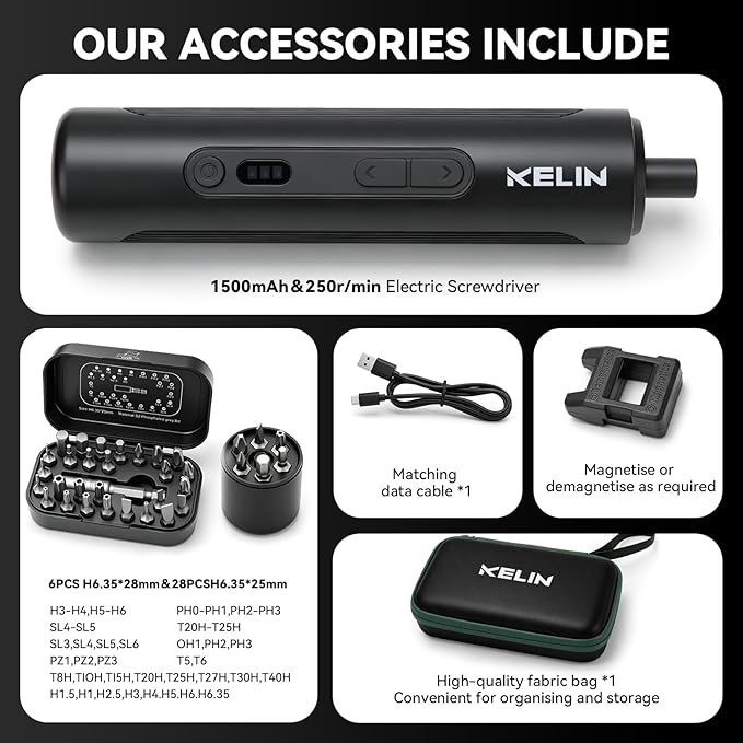 KELIN 44 in 1 Electric Screwdriver Set, 3 Torque Levels (1.2/2/3 N.m) + Manual 5 N.m, 1500mAh Battery, Type-C Charging, S2 Steel Bits, Repair Kit for iPhone PC Laptop Game Console Watch
