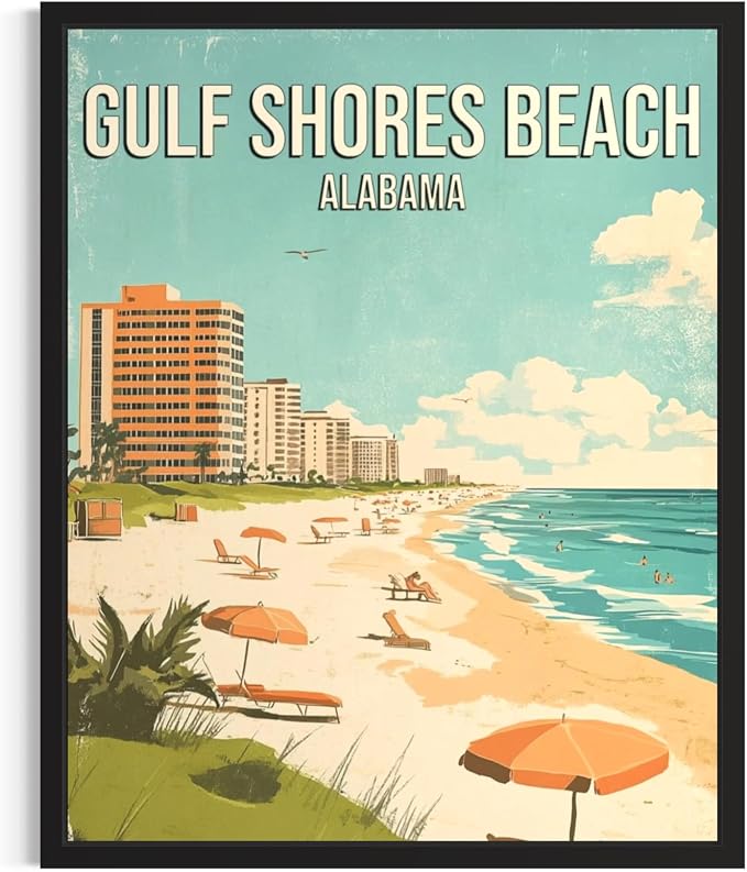 Gulf Shores Beach Alabama Black Framed Wall Art Print Poster, US Vintage Retro Beach Scenery Posters Prints for Restroom Home Picture Painting Artwork Gallery 219 (Gulf Shores Beach Alabama, 24"L x 18"W, Black Frame)