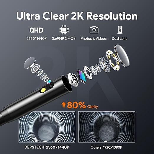 DEPSTECH 2K Endoscope Camera with Light: 2560P QHD Dual Lens Inspection Borescope with 16.5FT Snake Cable for iPhone & Android, Industrial Scope Automotive Tools for Sewer, HVAC, Plumbing, Mechanic