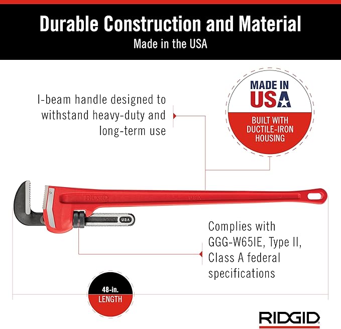 RIDGID 31040 Model 48 Heavy-Duty 48" Straight Pipe Wrench with 6" Pipe Capacity, Heavy-Duty Straight Plumbing Wrench with I-Beam Handle