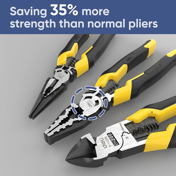 DELI 3PCS Pliers Set, Large 7 in 1 Multifunctional Wire Stripper Crimper Cutter, 9" Long Nose, 9" Linesman, 8" Diagonal Side Cutting