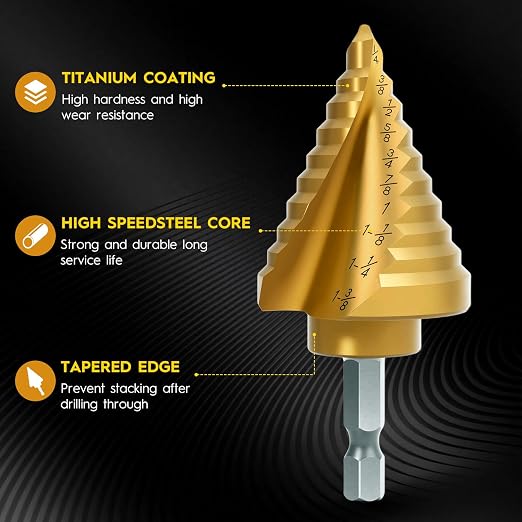Titanium Step Drill Bit - 4241 HSS Step Bit with Two Spiral Grooved,1/4" to 1-3/8" Spiral Flute Step Bit for Metal, 10 Sizes HSS Step Drill Unibit for Metal, Aluminum, Wood & Plastic