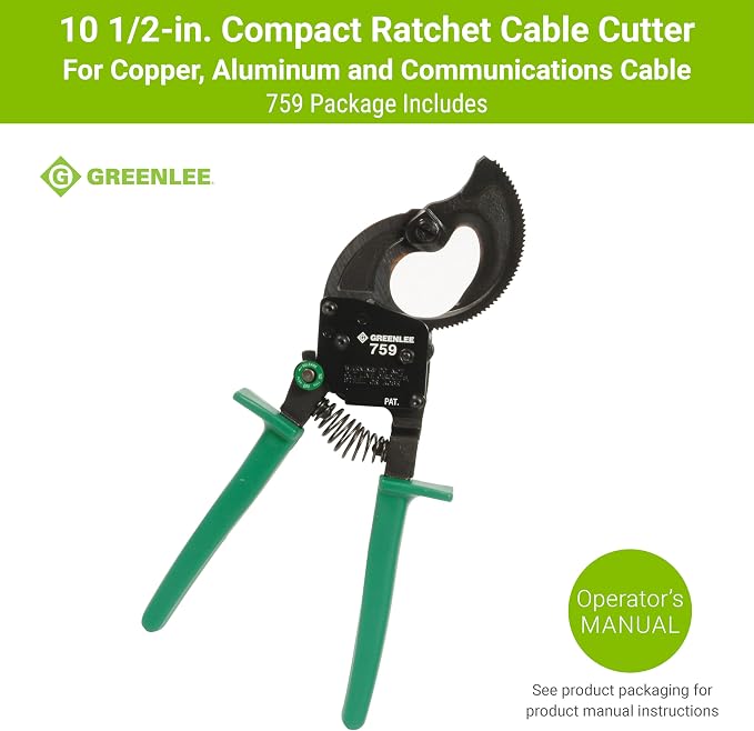 Greenlee 759 10-1/2" Compact Ratchet Cable Cutter for Copper, Aluminum, and Communications Cable