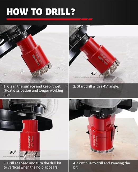 DAYDOOR Diamond Hole Saw Kit, 11-PieceTile Hole Saw Kit 1/4" 5/16" 4/5" 1" 1-3/8" 2" 2-1/2" 4",Vacuum Brazed Core Drill Bits for Porcelain Tile, Granite, Marble, Stone(Red)